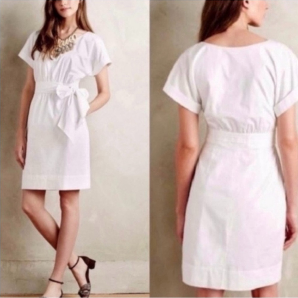 Anthropologie HD In Paris White Dress With Pockets Short Sleeves Women’s Size 8